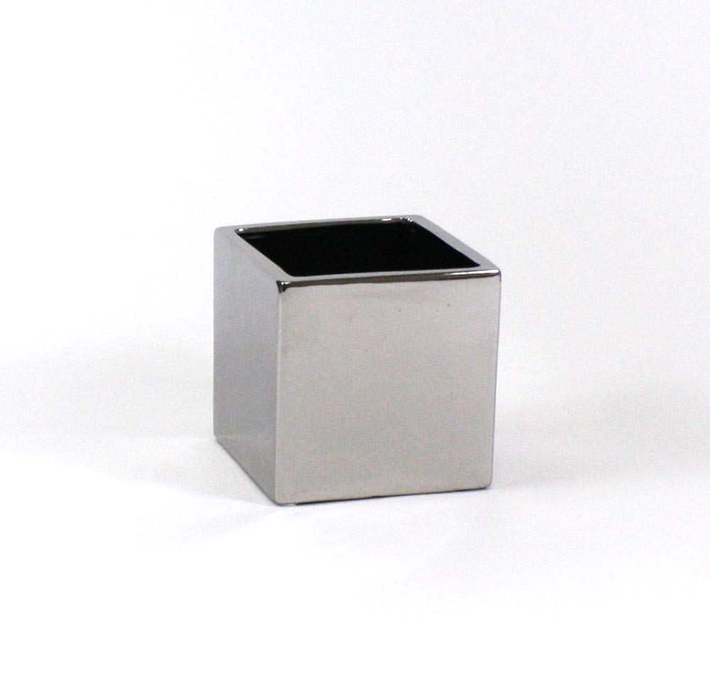WGVI WGV Ceramic Cube Vase Width 5.5" Height 5" (Fits 5" Pot) Elegant Modern Block Square Floral Planter Terrarium Container Table Dresser for Event Accent Home Office Decor Silver 1 Piece