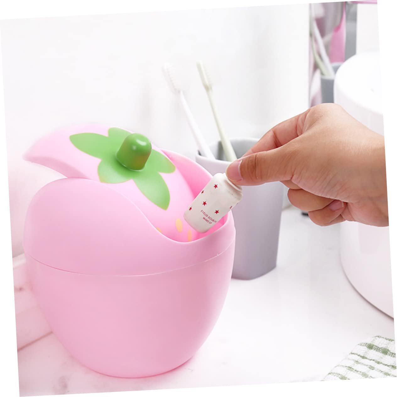 NUOBESTY Mini Desktop Trash can with Swing Lid 6.49X5.70X5.70In Compact Plastic Waste Bin for Office Car Kitchen Countertop