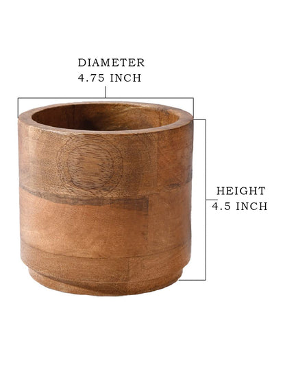 Serene Spaces Living Small Mango Wood Cachepot, Natural Wooden Pot for Faux Flowers & Plants, Potted Indoor Plants, Home, Office, Restaurant Decor, Measures 4.75" Diameter & 4.5" Tall
