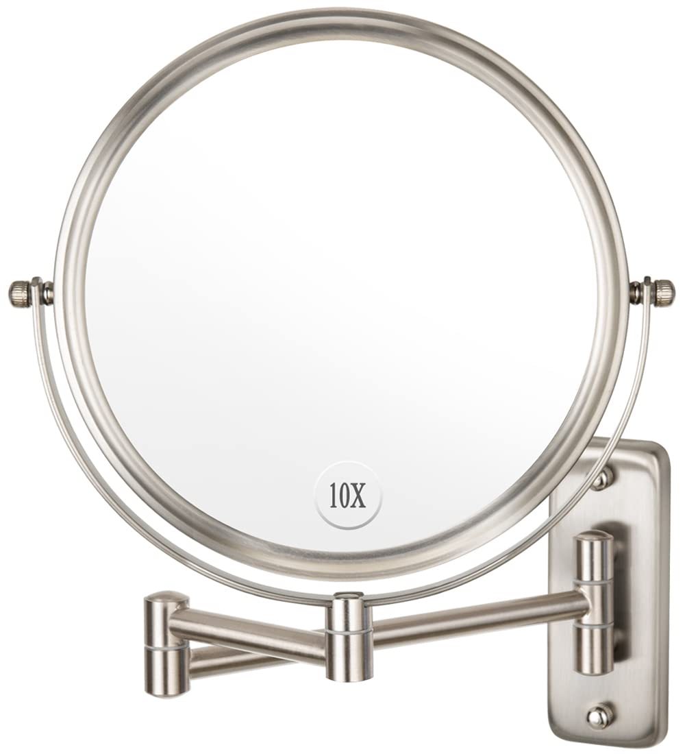 ALHAKIN 9" Wall Mounted Lighted Makeup Mirror, Large Rechargeable 1X/10X Magnifying Mirror with 3 Color Lights Dimmable, 360° Rotation, Nickel