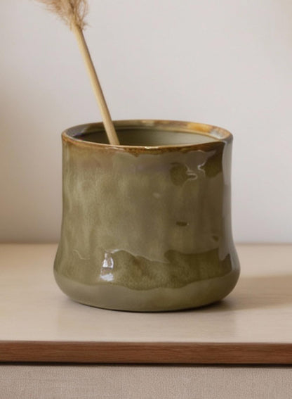 Serene Spaces Living Verde Glaze Ceramic Cachepot – Plant Holder for Indoor Planters, Faux Plants, Shelf & Table Home Décor, Flower Vase, 5" Dia (4" Opening & 4.8" Base) & 4.5" Tall, Pack of 2