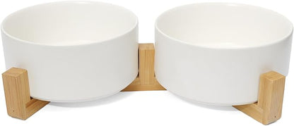 Dog Food Bowl, 28.7 oz Ceramic Modern Design, Dog Water and Food Bowl with Wood Stand, for Puppy & Cat, Non-Slip Feeding Station with Weighted Base, White