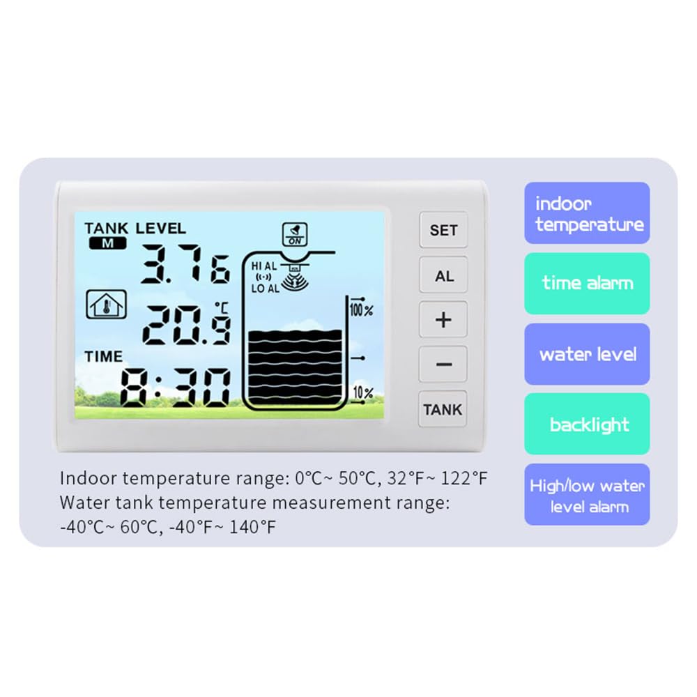 VISLONE Ultrasonic Water Level Monitor Tank Liquid Level High/Low Alarm Solar Powered Water Level Sensor Water Level Indicator Gauge IP65 Waterproof