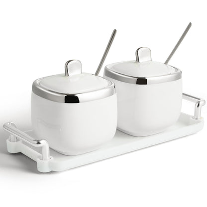 EABOSON Ceramic Sugar Bowl 2 Pack, Porcelain Seasoning Jar with Tray, Spoon and Lid for Sugar, Pepper, Coffee, Spice, Salt (silver)