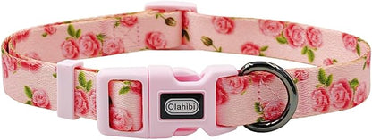 Dog Collar Leash Set, Floral Pattern, Polyester Material, Adjustable Collar and 5ft Matching Leash, for Medium Dogs.(M, Pink Rose)