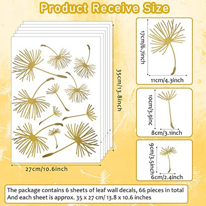 66 Pcs Wall Decals Peel and Stick Dandelion Wall Stickers Metallic Flower Murals Floral Decor Sticker for Bedroom Bathroom Living Room Nursery Office Decor(Gold,6 Pcs)