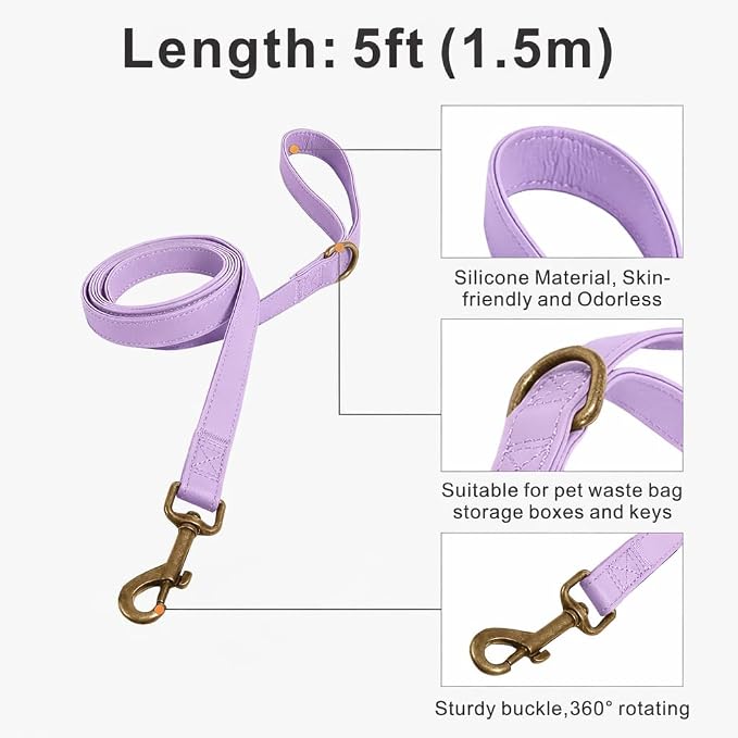 Silicone Dog Collar and Leash Set, Waterproof & Odor-Proof Puppy Collar for Small Dogs, Soft Flexible Leather-Look Dog Collars, Durable Thick Adjustable Pet Collar (Purple, Large (16-24.5" Neck))
