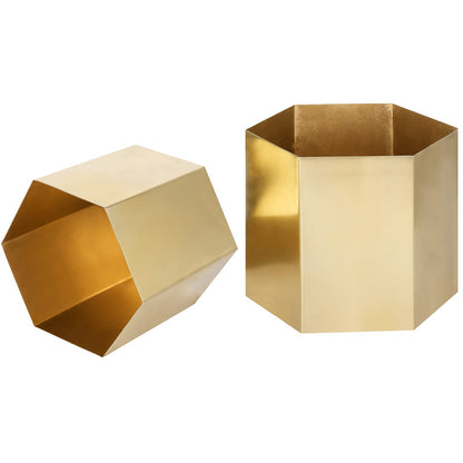 MyGift Handcrafted Metallic Shiny Brass Metal Indoor Plant Vase Pot with Hexagon Shape, Decorative Succulent Cactus Planter Container, Set of 2 - Handmade in India