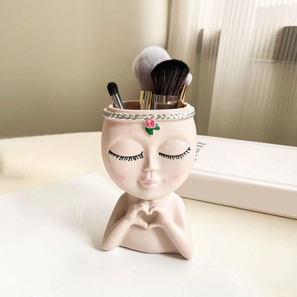 Face Planter Pot with Heart Hands, Unique Resin Head Planter for Indoor Plants, Cute S-ucculent Pots with Drainage Hole, Decorative Makeup Brush Holder for Vanity, for Women