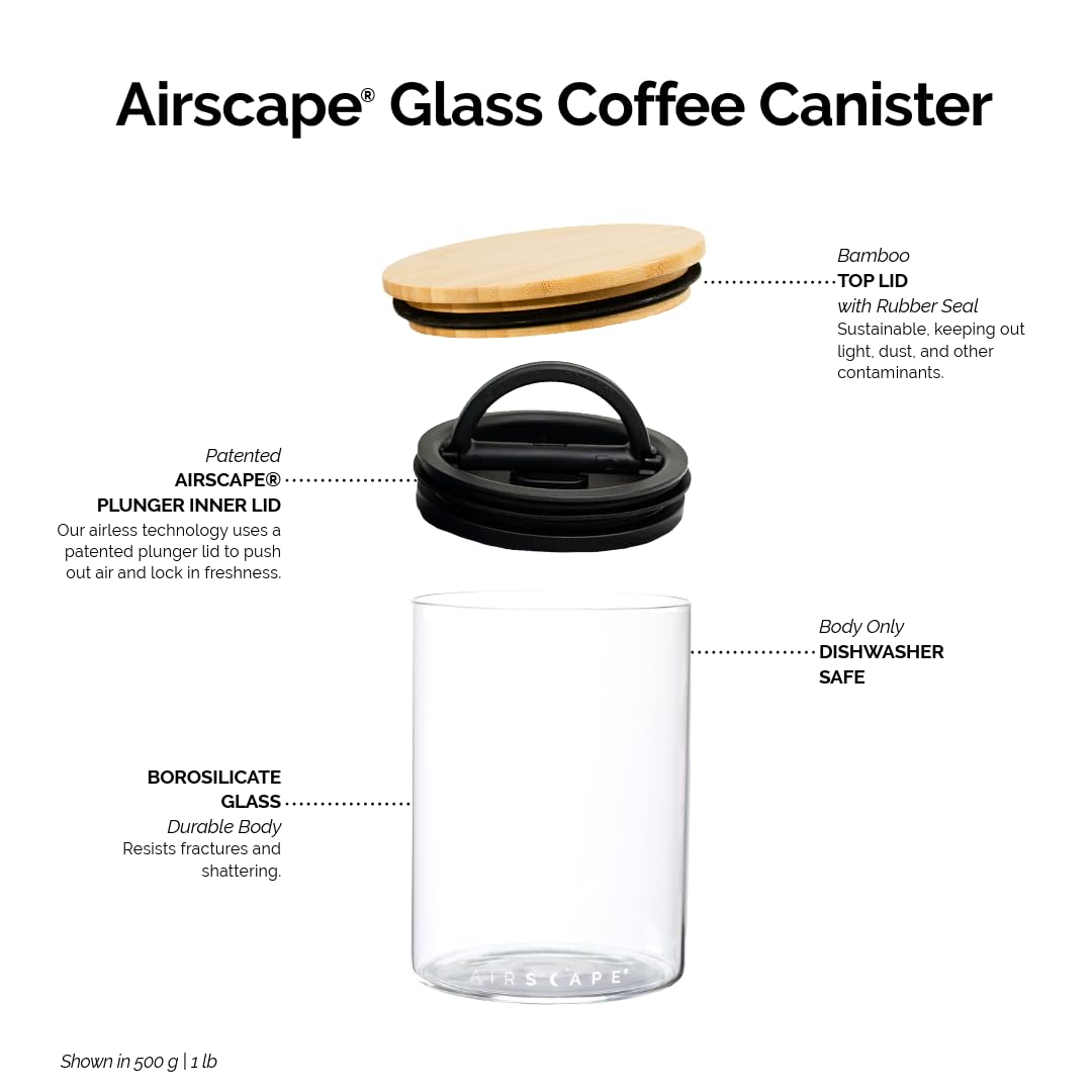 AirScape Glass Food Storage Canister - Glass Storage With US Patented Airless Inner Lid & Bamboo Top Lid - Preserves Food Freshness (Medium 7-Inch)