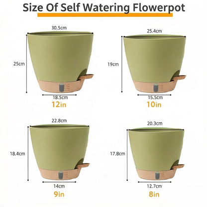 moniko Plant Pots 12/10/9/8 Inch Self Watering Pots, Plastic Flower Pots with Multi Mesh Drainage Holes and Water Level， Nursery Planting Pot for Indoor Out Door Plants（Green）
