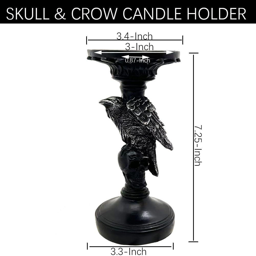 Skull Candlestick Holder for Halloween Decoration, Raven Skull Skeleton Spooky Decor Pillar Candle Holder, Antique Creepy Skeleton Black Taper Candle Holders for Halloween Christmas