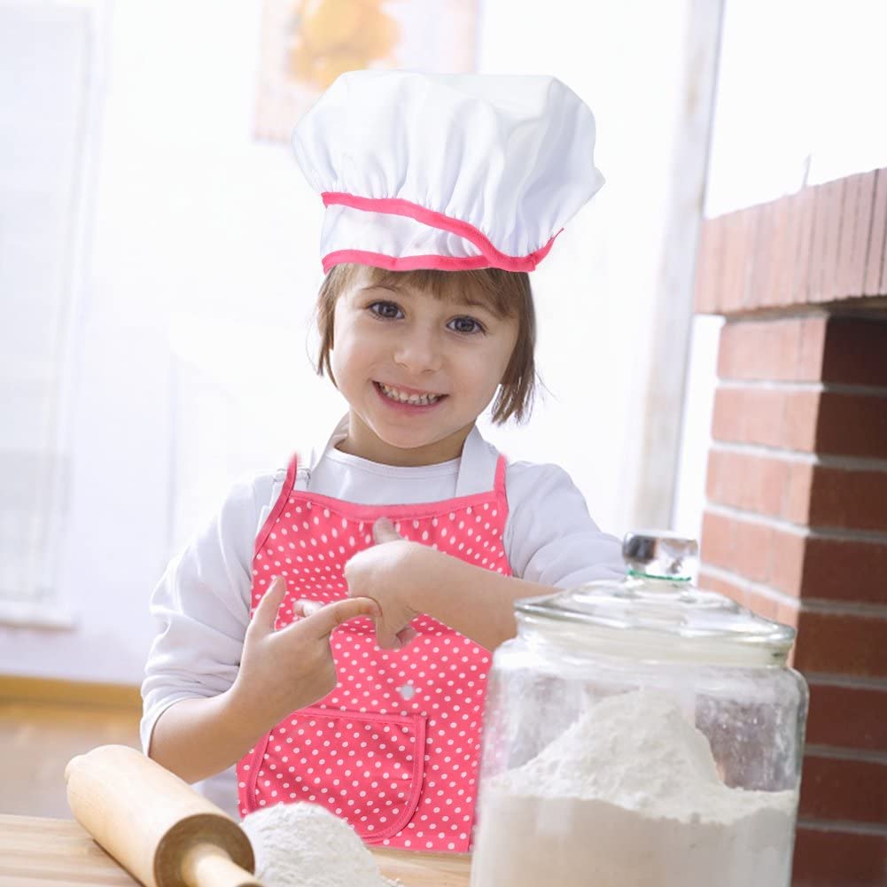 Acekid Chef Set for Kids,11pcs Kitchen Costume Role Play Kits, Girls Apron with Chef Hat,Cooking Mitt and Cookie Cutters (Rose red)