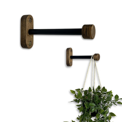 EvenWood 2-Piece Set of Wooden Plant Hooks for Wall with Sturdy Metal Tube - Plant Wall Hanger for Pots, Flower Brackets - Bracket Plant Hanger for Indoor and Outdoor Decorations (Walnut, 8 Inch)