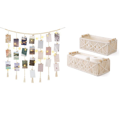 Mkono Macrame Hanging Photo Display with Lights and Macrame Storage Baskets for Bedroom, Living Room, Nursery, Dorm, Teen Girl Gifts, Set of 3