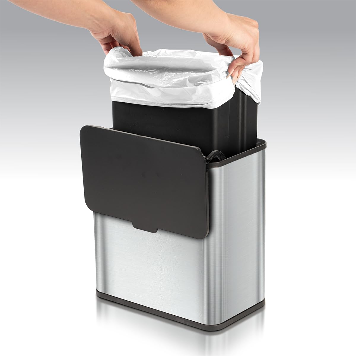 Glad Roomate Stainless Steel Under Counter Waste Bin with Clorox Odor Protection | Space Saving Dual Lid Small Trash Can for Kitchen Cabinet, Bathroom or Office, 1.5 Gallon (6L)