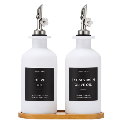HOMCDALY Olive Oil Dispenser for Kitchen, 11.8oz Glass kitchen Dispenser Bottle, White Oil&Vinegar Cruet Set, Leakproof Oil Bottle for Cooking| Set of 2 (11.8oz – White)