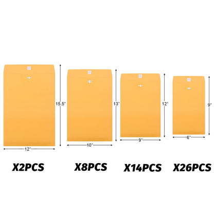 Frienda 4 Sizes Clasp Envelopes Kraft Paper Catalog Clasp Envelope with Closure for Filing, Storing or Mailing Documents, 50 Pieces(6 x 9 In, 9 x 12 In, 10 x 13 In, 12 x 15.5 In,Yellow)