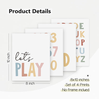 Let's Play Read Wall Art Set of 4，Educational Posters, Montessori Classroom Decor, Neutral Kids Decor,Alphabets Number Prints for Nursery Classroom Kids Room Toddler Playroom,8x10 Inch(Unframed)