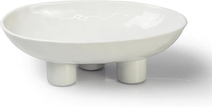 Three-Leg Ceramic Fruit Bowl, 10 Inch Oval Serving Dish for Kitchen Counter, Candy or Key Holder, Home Decor Accent White