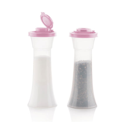 Tupperware Hourglass Salt and Pepper 2-Shaker Set in Purple, Liquid Tight Lids, BPA-Free, Dishwasher Safe