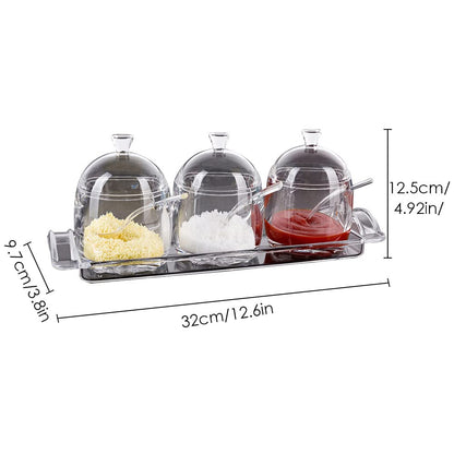 TINMIX Clear Seasoning Box - 3PCS Acrylic Condiment Pots for Salt Sugar Herbs, Spice Jar Containers with Base, Lids and Spoons