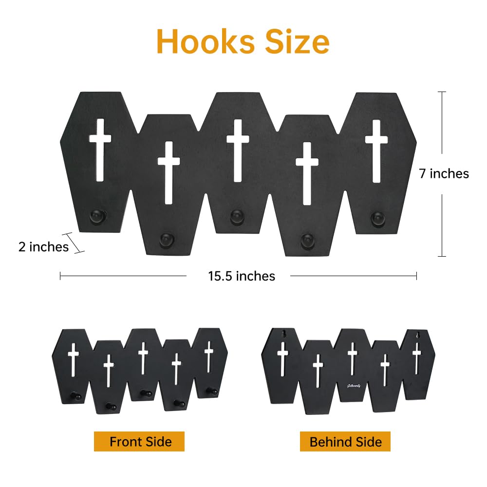 Gothvanity Gothic Coffin Coat Hooks - Heavy Duty 5-Hook Wall Rack, Wooden Black Spooky Dark Aesthetic Decor for Keys Purse Towel Clothes, Bathroom Bedroom Living Room