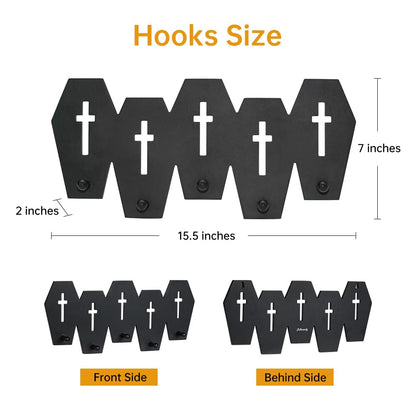 Gothvanity Gothic Coffin Coat Hooks - Heavy Duty 5-Hook Wall Rack, Wooden Black Spooky Dark Aesthetic Decor for Keys Purse Towel Clothes, Bathroom Bedroom Living Room