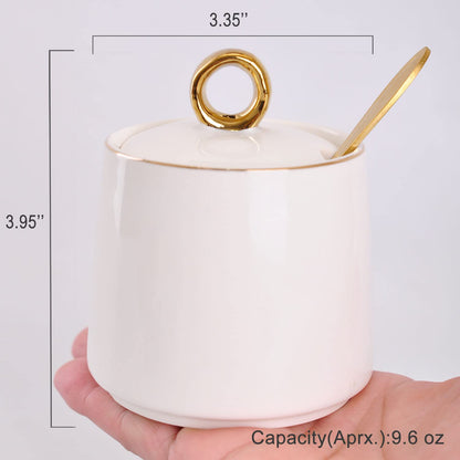 WHJY Ceramic Sugar Bowl with Lid and Spoon, Simple White Clear Porcelain Salt Bowl Salt Container, Modern Spice Box Seasoning Jar for Home and Kitchen Coffee Bar - Green
