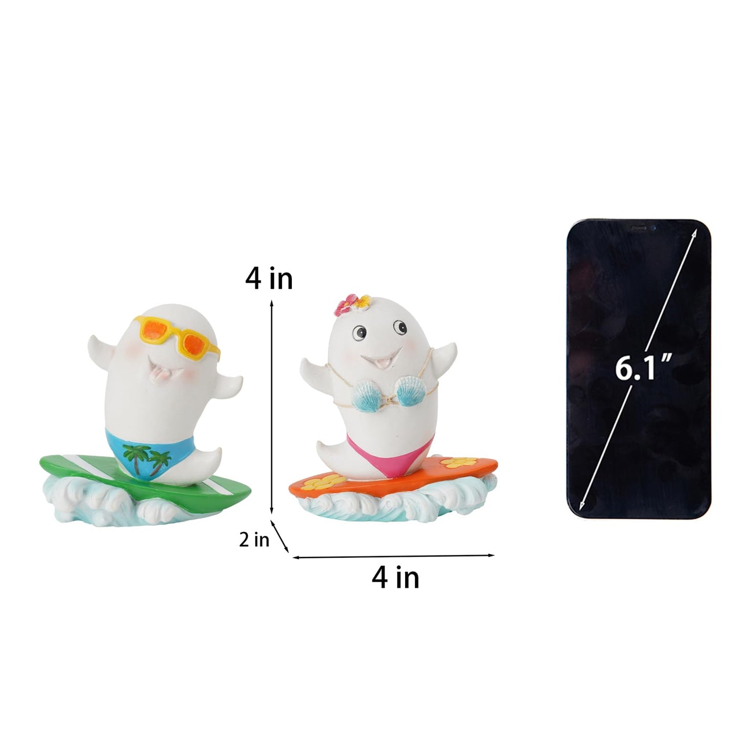 DiliComing Summerween Ghost Figurines Summer Decor - 4 Inch Set of 2 Cute Surfing Ghost Resin Statues Summer Party Tropical Beach Themed Collectible Figurines for Home Decor Halloween Decorations