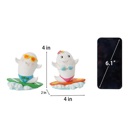 DiliComing Summerween Ghost Figurines Summer Decor - 4 Inch Set of 2 Cute Surfing Ghost Resin Statues Summer Party Tropical Beach Themed Collectible Figurines for Home Decor Halloween Decorations