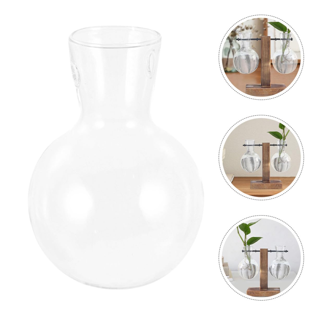OSALADI 3Pcs Glass Hydroponic Vase with Wood Stand, High Borosilicate Glass Planter for Indoor Plant Propagation and Flower Display, Desk Terrarium Jars for Home and Office Decor