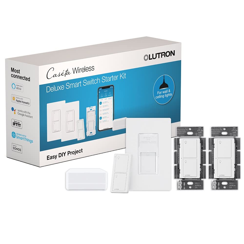 Lutron Caseta Smart Switch 3-Way Kit, with Pico Remote, Wallplate, Wall Bracket for LED Lights and Fans, 5 Amp, Neutral Required, P-PKG1WS-WH