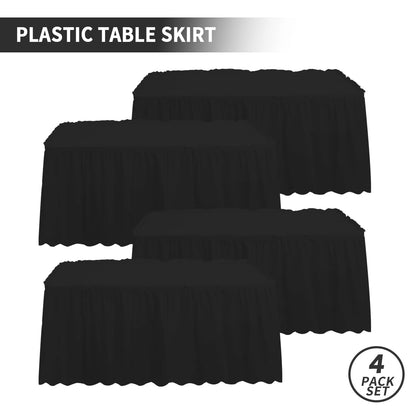 JHDZDHY 4 Pack Table Skirt 29 in x 14 ft Tablecloth Disposable Table Cover Reusable Stain Proof Plastic Table Skirts for Rectangle or Round Tables for Party, Wedding, Reception, Birthday (Black)