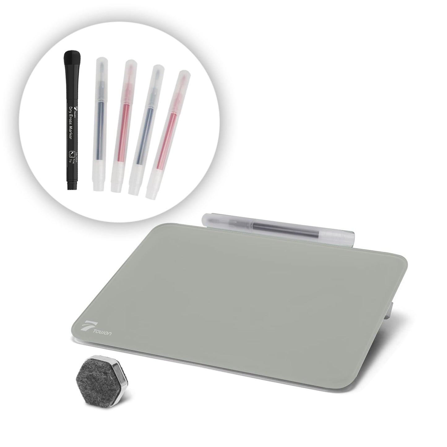 TOWON Small Glass Dry Erase Board, Desk White Board with Standing, Mini Whiteboard Easel Pad Set, Stenography Artifact for Office, Home and School Supplies, 8 x 6 Inches, Gray