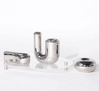 ITrixgan Silver Candlestick Holders, Decorative Taper Candle Holder Set Decor for Table Centerpiece Fireplace, Modern Silver Candle Holders Set, Aesthetic Ceramic Candle Stick Holder