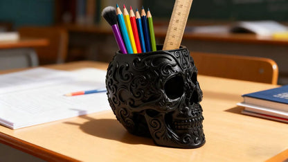 CUZOKOLA Goth Accessories Black Skull Decor for Pen Holder with Strong Resin,Skull Makeup Brush Holder for Vanity Decor,Office Organizer,Skull Planter