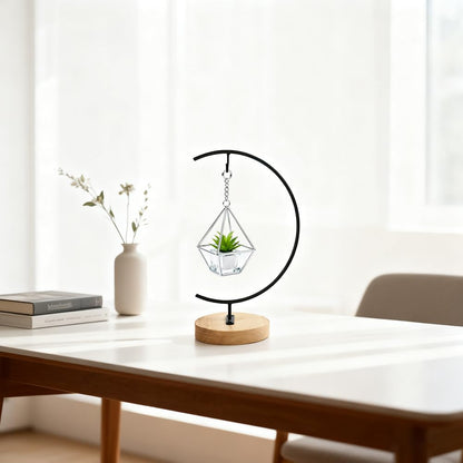 Yearchy Ornament Display Stand Metal Shelf Brackets Iron Pothook Stand for Hanging Glass Terrarium/Picture (G-Shaped Wood Base, Black)