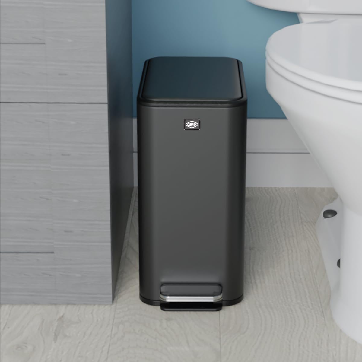 Clorox Slim Trash Can - 2.6 Gallon (10 Liter) Small Metal Trash Can with Soft Close Lid, Step Pedal, Removable Bucket - Black Stainless Waste Bin for Narrow Spaces, Bathroom, and Office