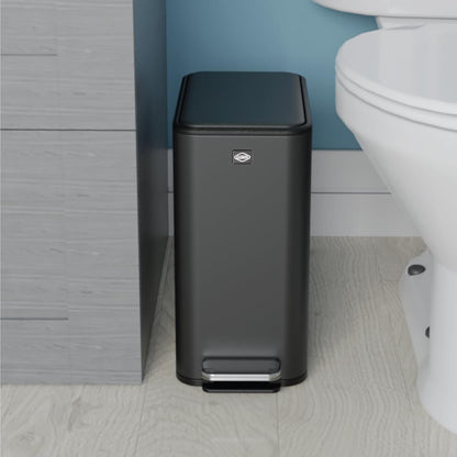 Clorox Slim Trash Can - 2.6 Gallon (10 Liter) Small Metal Trash Can with Soft Close Lid, Step Pedal, Removable Bucket - Black Stainless Waste Bin for Narrow Spaces, Bathroom, and Office