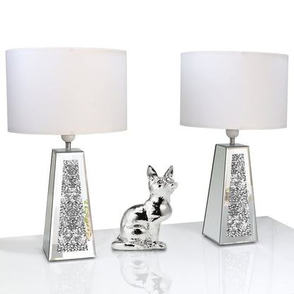 GOTHICO Silver Mirror Crushed Diamond LED Table Lamp, Four Prism Shaped Crystal Diamond Mirrored Base,White Round Linen Shade, 20.7" Height for Living Room Bedroom Office, Modern Art Decor,Set of 2