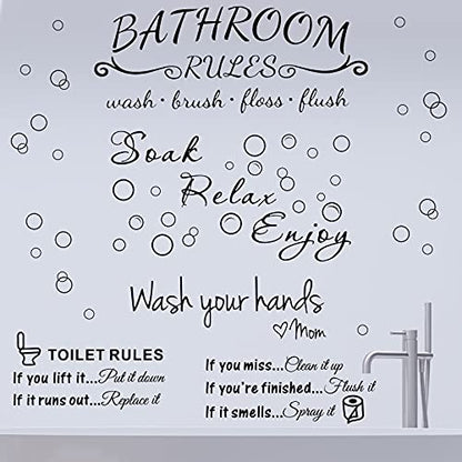4 Pieces Bathroom Wall Decals Sticker Toilet Rules Soak Relax Enjoy Bathroom Rules Wash Your Hands Love Mom Wall Quote Saying Stickers Vinyl Art Decor for Home Restroom (Black)