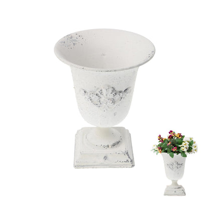 POPETPOP Tall Metal Urn Planter: 7.47" Distressed White Pedestal Vase for Floral Arrangements, Rustic Farmhouse Flower Pot for Wedding Centerpiece, Home Decor