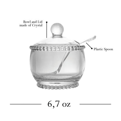 WOLFF Pearl Crystal Beaded Sugar Bowl with Lid and Spoon, Clear Crystal Sugar Holder, 6.7 oz Capacity, Dish for Salt Condiments and Spices (Clear, Sugar Bowl)