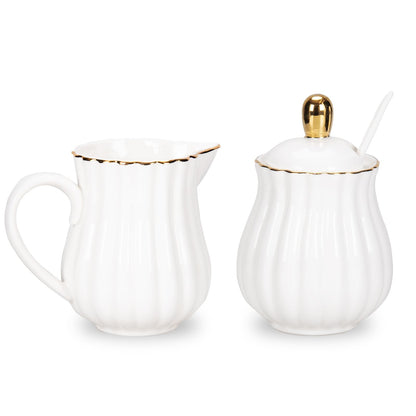 Prefdo Porcelain Sugar and Creamer Set, British Style Creamer Pitcher and Sugar Jar, Sugar Set with Lid & Spoon, Coffee Serving Set for Home Coffee Tea Party