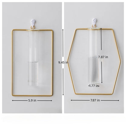 yaocoral 2 Pack Nordic Wall Vase Hanging Geometric Gold Flower Vase Wall Mount Metal Frame Vases Hydroponic Glass Bud Vase Decor for Home Wedding Farmhouse