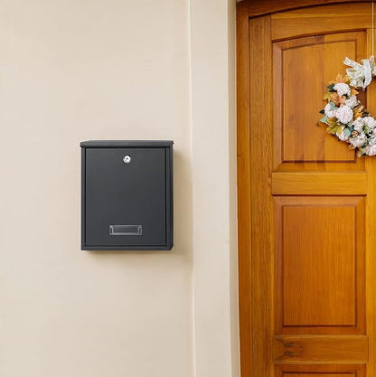 Jssmst Locking Mailbox Wall Mount Key Lock Drop Box Large Capacity with Galvanized Steel Cover and Rust-Proof Metal Post Box, Black Matt, SM-0702LK,Medium