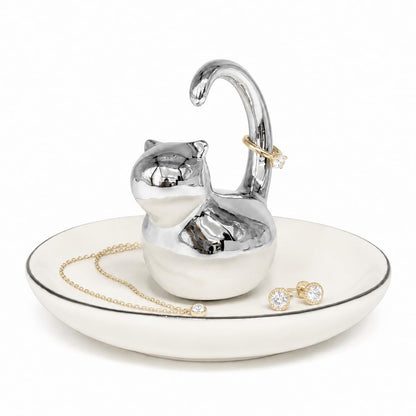 Cat Ring Holder Jewelry Dish–White & Silver Fat Cat Ceramic Trinket Tray,Birthday,Wedding,Graduation Gift for Women & Girls,Rings Earrings Necklaces Bracelets–Vanity,Nightstand,Dresser,Bathroom