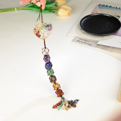 Cute Handmade Crystal Chakra Swinging Hanging Ornaments Mirror Hanging Car Accessories Tree of Life Stone Tree Feng Shui Window Ornament for Home Decor