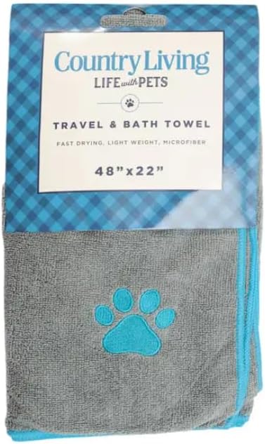 Country Living Large Gray and Teal Microfiber Dog Bath Towel - Quick-Drying, Absorbent, Durable, and Machine Washable, Embroidered Paw Print, 48" x 22" for All Dog Sizes